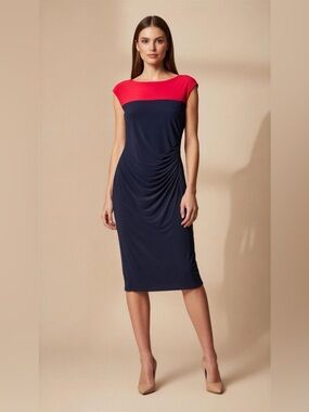 Chaps Navy and Red Colorblock Midi Dress